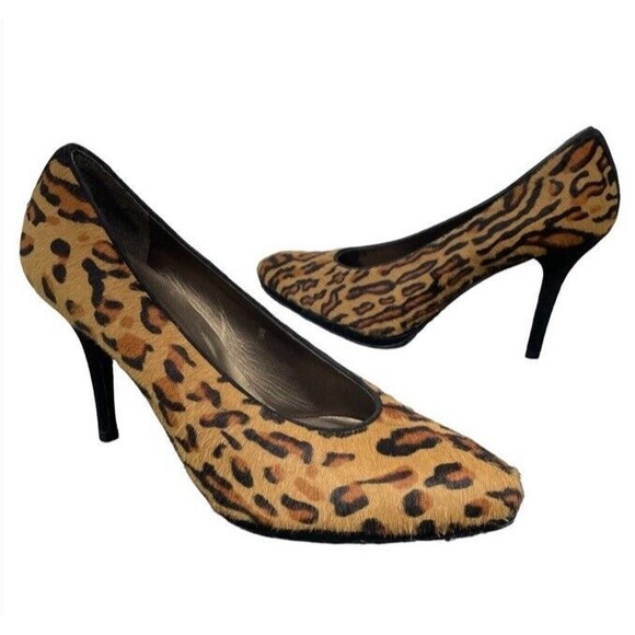 STUART WEITZMAN V Vamp Fur Leopard Platform Heels Vintage Wild Sexy 80s 1980 9.5 - Picture 1 of 12